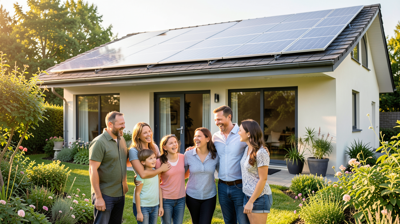 edf panneau solaire autoconsommation illustré par une famille heureuse dans une maison équipée de panneaux photovoltaïques