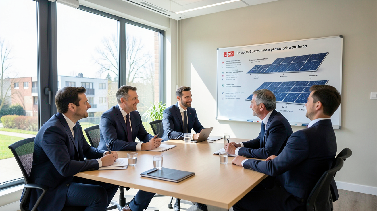 edf panneau solaire copropriété : réunion de copropriétaires avec tableau des étapes du projet solaire