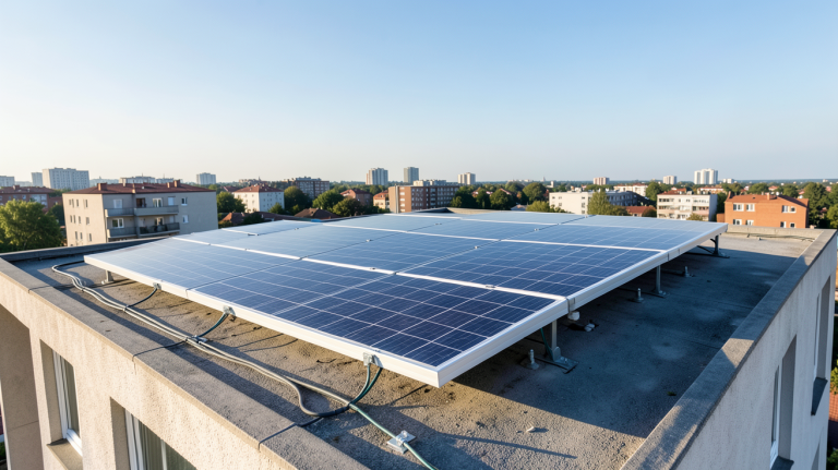 edf panneau solaire copropriété installé sur le toit d'un immeuble en ville