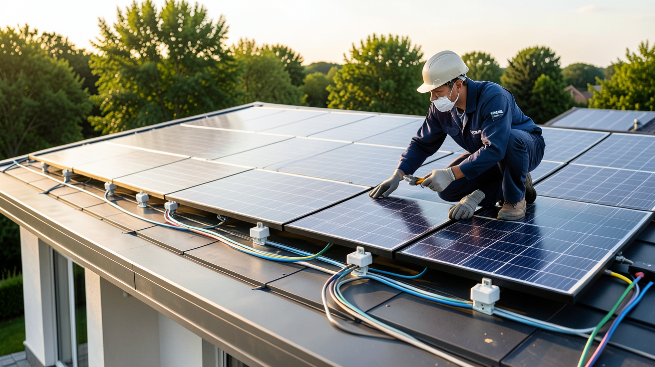 edf panneaux photovoltaique : technicien EDF installant des panneaux solaires sur le toit d'une maison