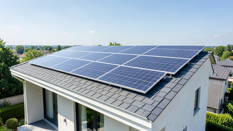 edf panneaux photovoltaique installés sur le toit d'une maison moderne sous un ciel bleu
