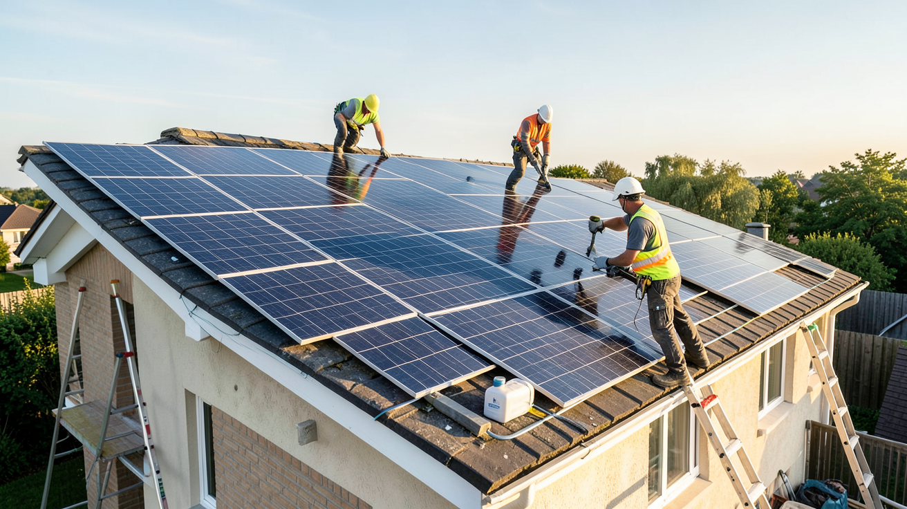 edf panneaux photovoltaïques installation par des techniciens EDF montrant les étapes clés sur un toit ensoleillé