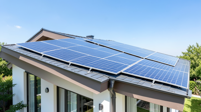 edf panneaux photovoltaïques installés sur la toiture d'une habitation moderne sous un soleil radieux.