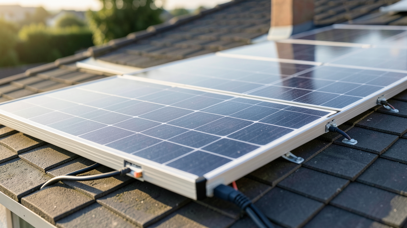 edf panneaux photovoltaiques prix : panneau solaire EDF installé sur un toit avec vue sur les cellules et câbles connectés