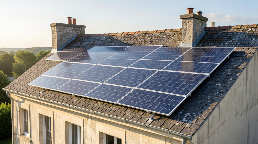 edf panneaux photovoltaiques prix installation de panneaux solaires sur un toit résidentiel, vue réaliste en haute résolution