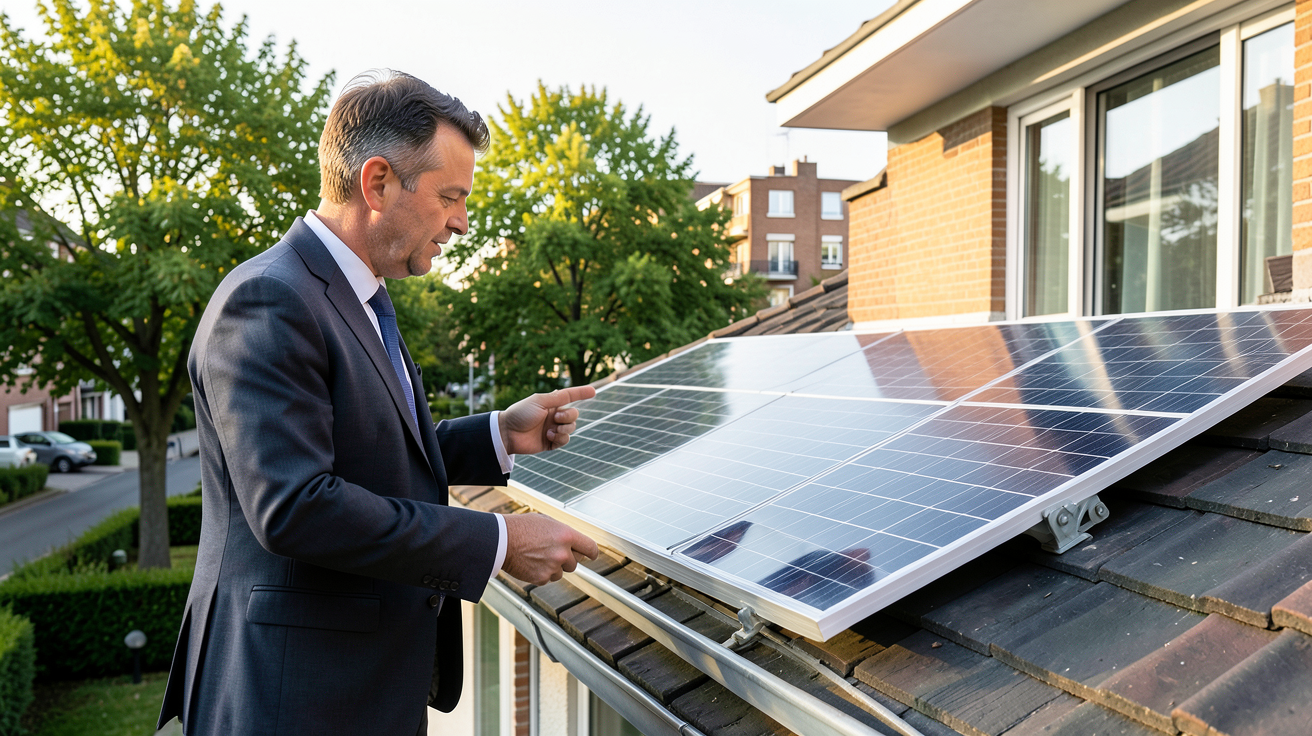 edf photovoltaique technicien analysant une étude de faisabilité solaire sur le toit d'une maison urbaine