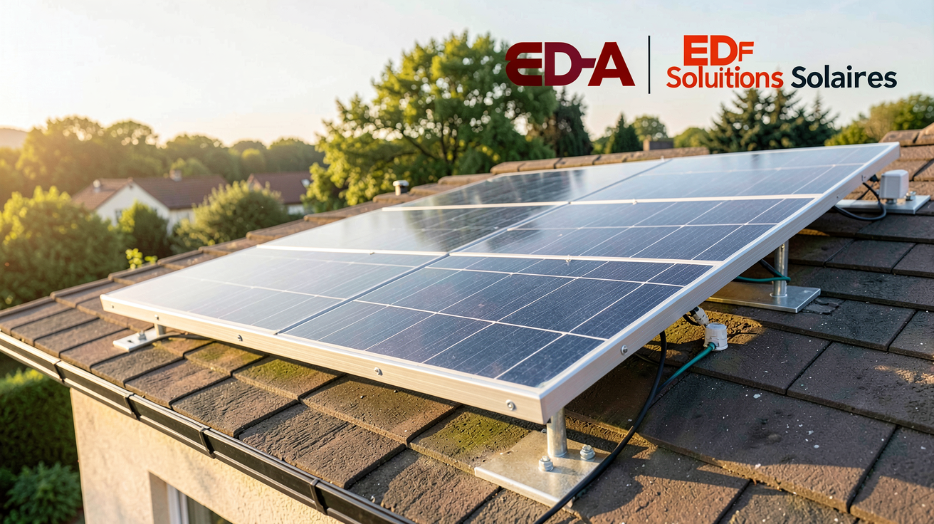 edf photovoltaïque particulier : panneau solaire installé sur toit de maison avec logos EDF OA et EDF Solutions Solaires en arrière-plan