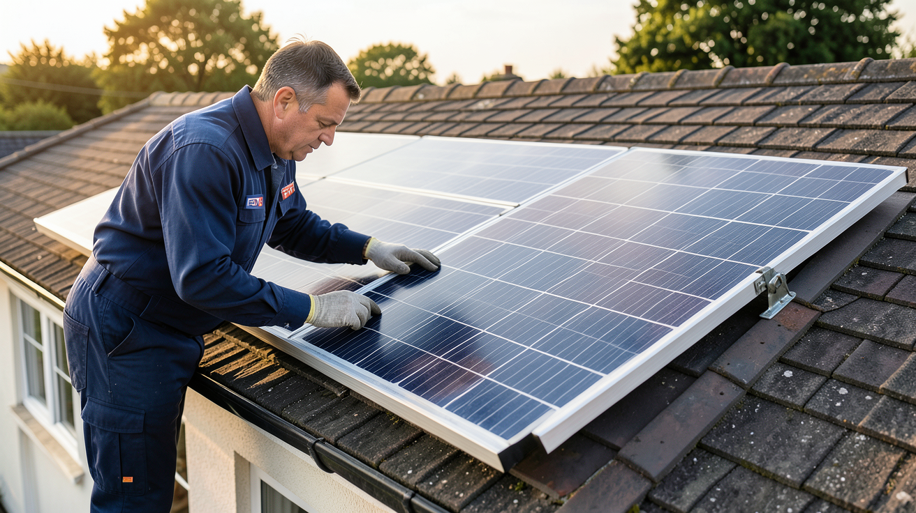 edf solaire autoconsommation technicien EDF analysant un panneau solaire photovoltaïque sur toit de maison