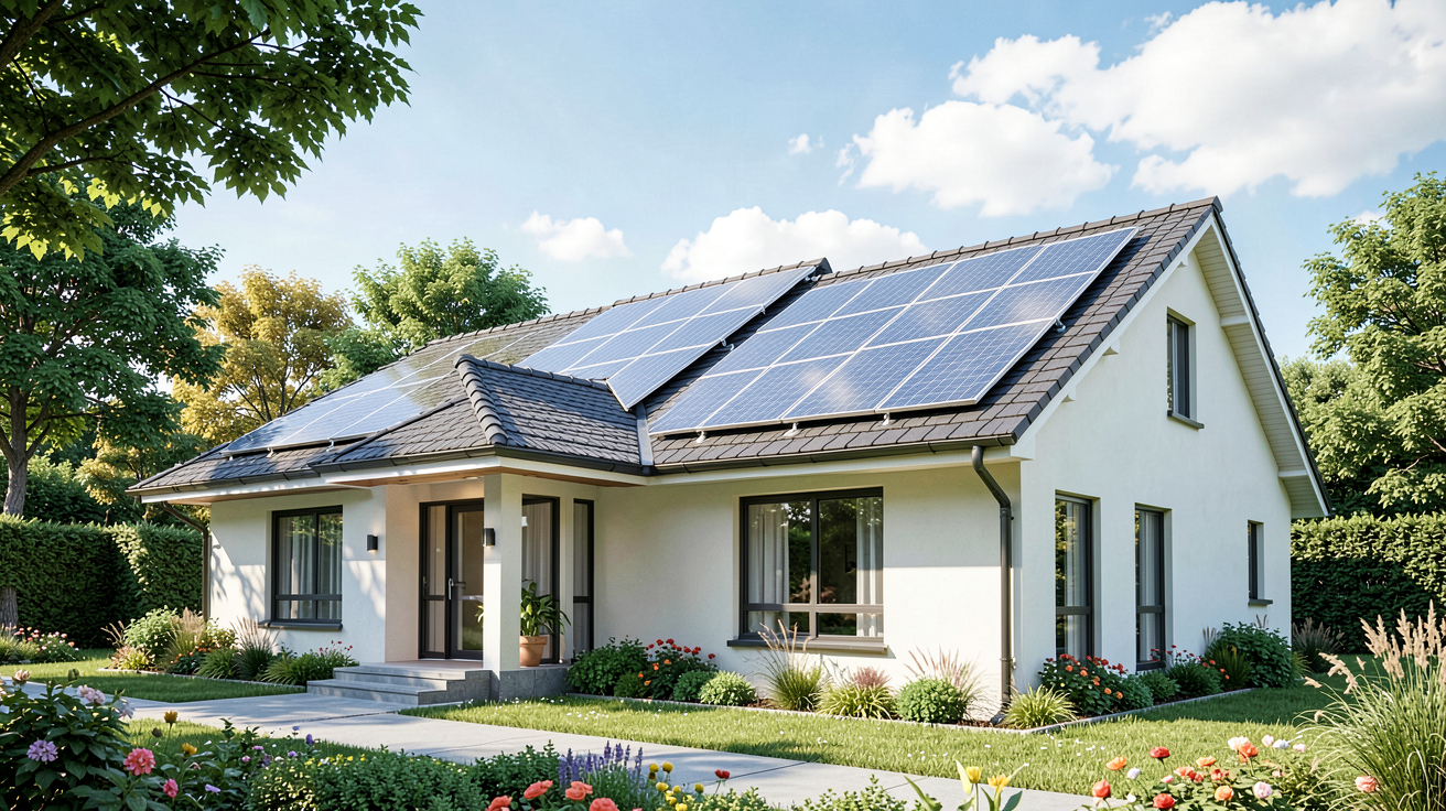 edf solaire particulier montre une maison typique avec des panneaux solaires installés sur le toit, ciel clair, lumière naturelle, illustrant les avantages du solaire photovoltaïque en 2025.