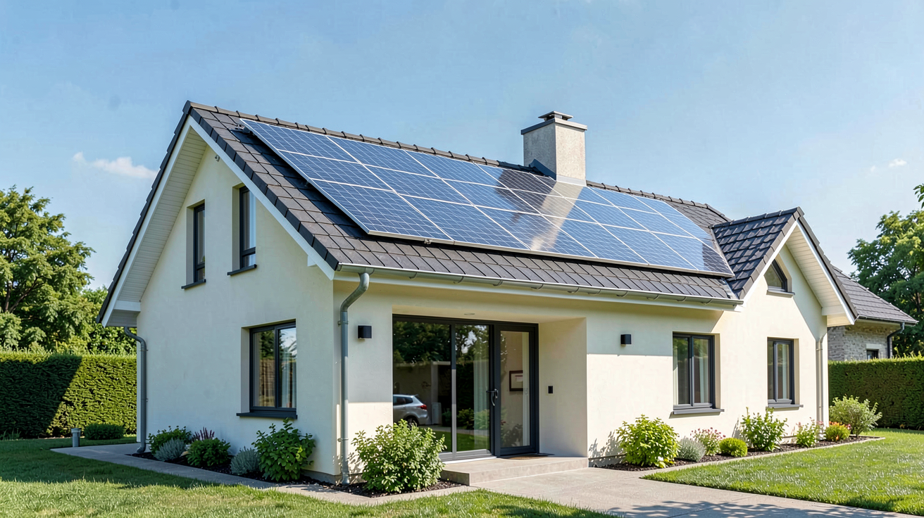 edf solaire particulier installation de panneaux solaires EDF sur le toit d'une maison familiale, en plein soleil