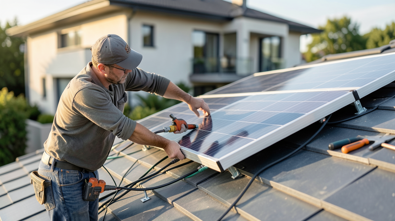 effy panneau photovoltaïque processus d'installation : technicien installant un panneau solaire sur un toit résidentiel