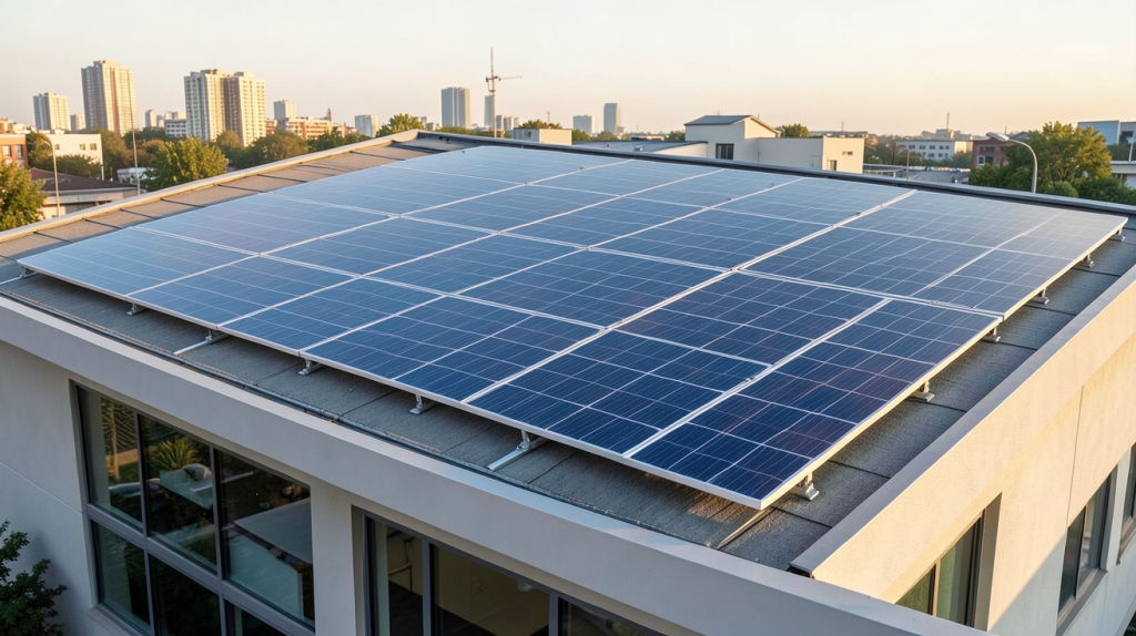effy panneau photovoltaique installé sur le toit d'un bâtiment commercial, capturé en haute résolution avec lumière naturelle