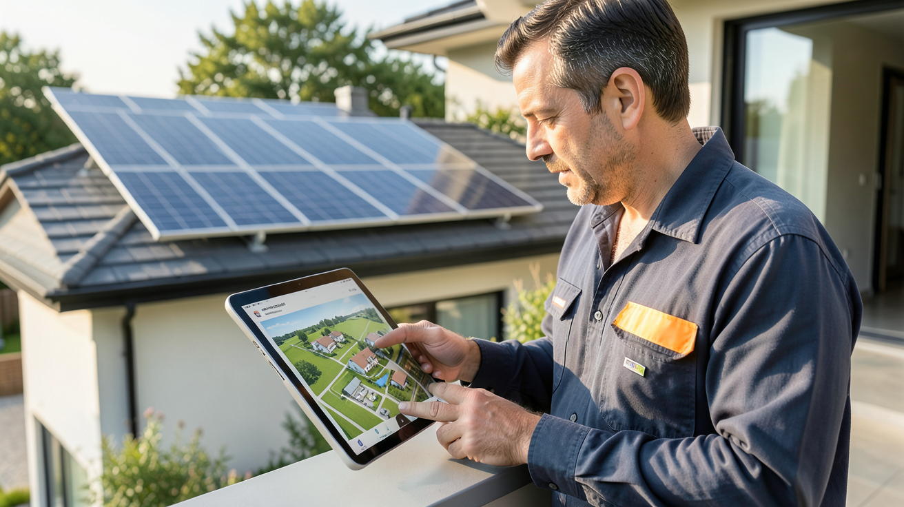 effy panneau solaire : professionnel vérifiant une simulation de projet solaire sur tablette avec panneau installé en arrière-plan