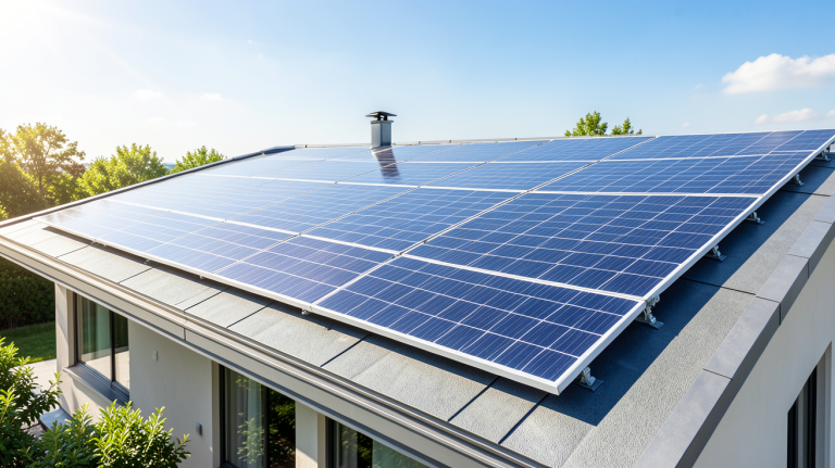 effy panneau solaire installé sur le toit d'une maison moderne sous un ciel bleu clair