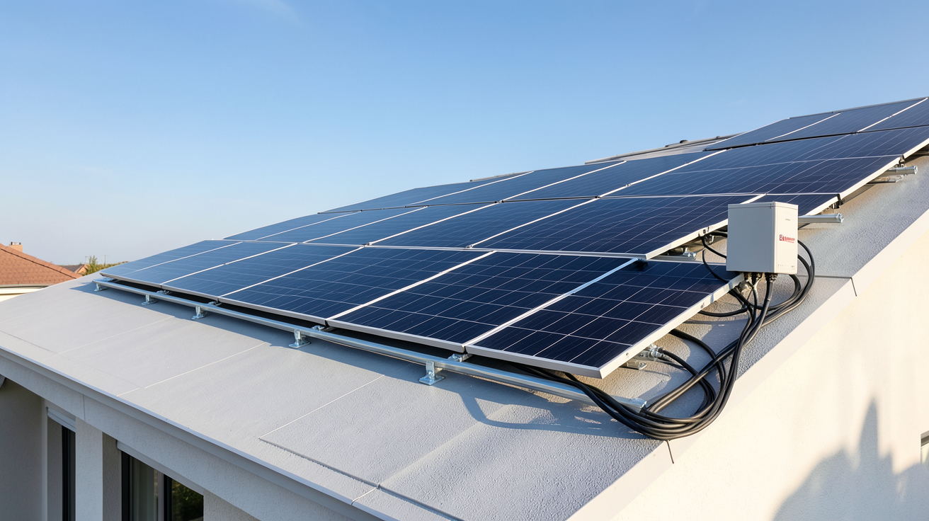 ekwateur panneau solaire kit complet installé sur un toit de maison moderne avec plusieurs panneaux noirs alignés
