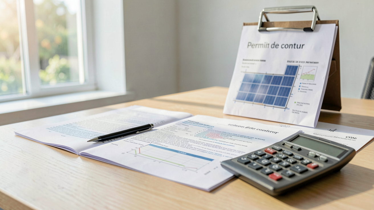 électricité panneaux solaires réglementation et démarches administratives avec documents et stylo plume sur une table en bois