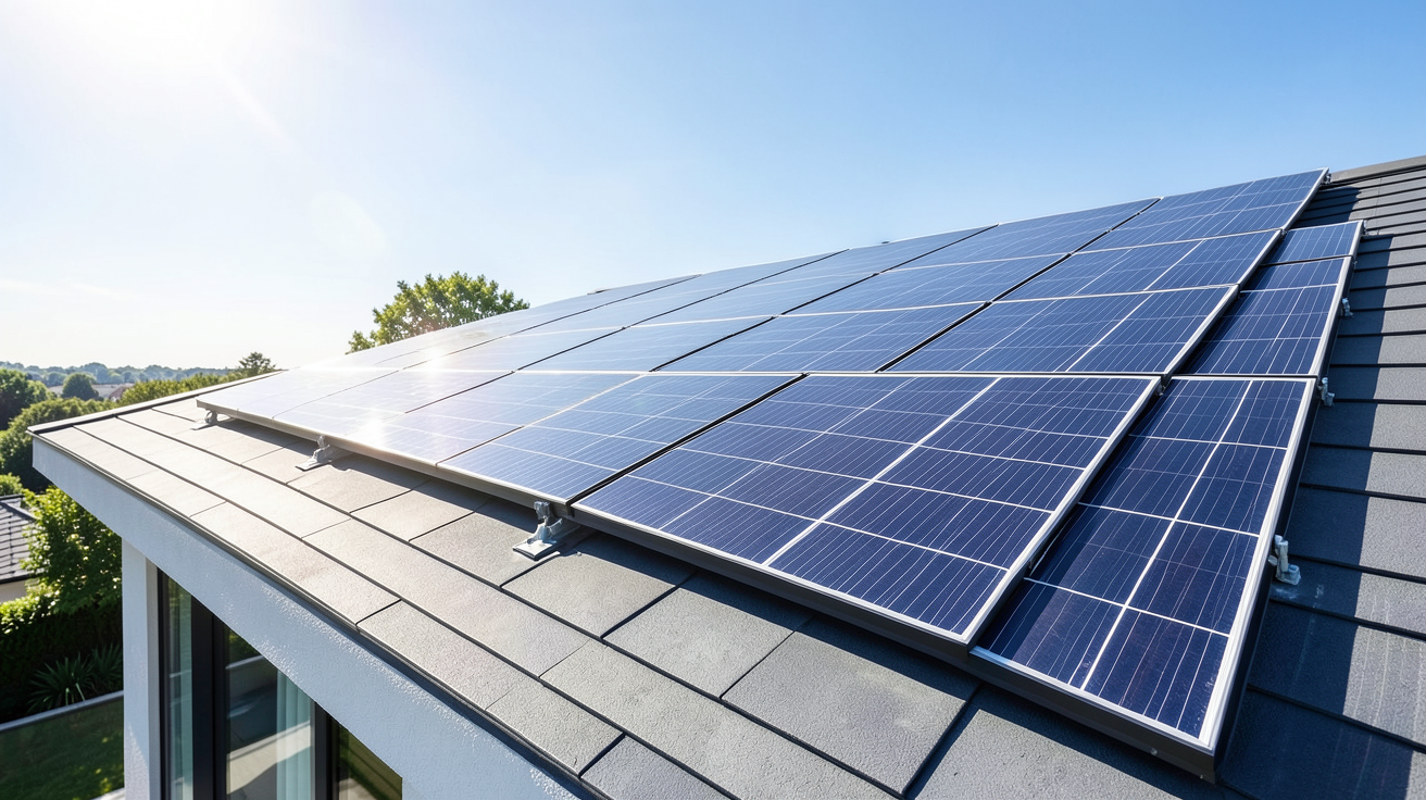 électricité photovoltaïque avec installation de panneaux solaires sur une toiture résidentielle moderne