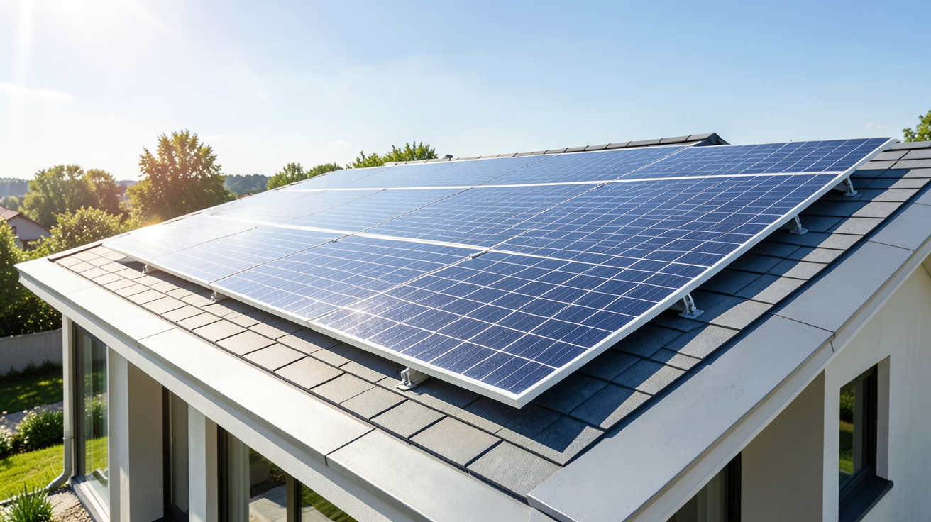 électricité photovoltaïque installée sur le toit d'une habitation moderne pour la production d'énergie solaire.