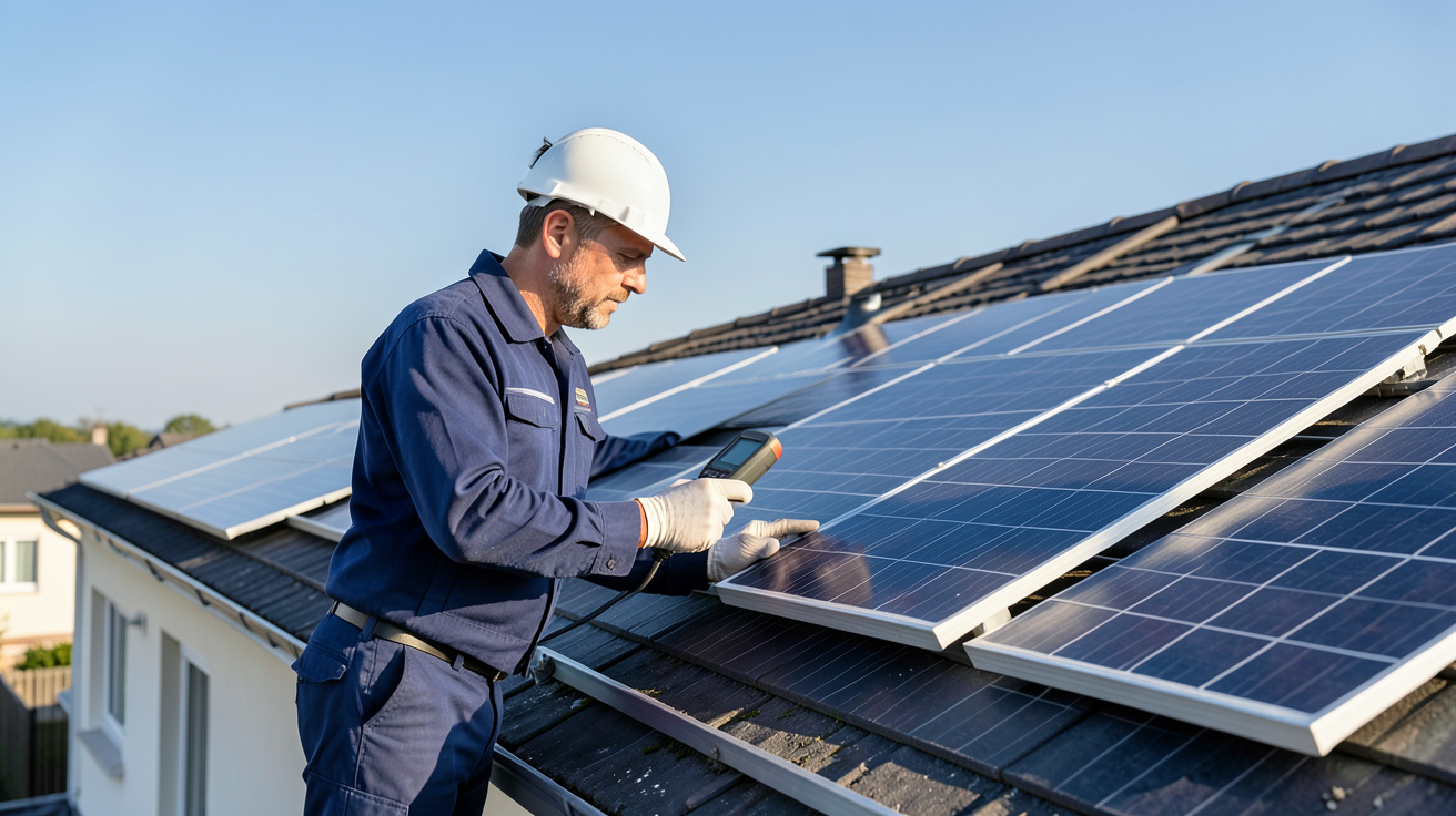 électricité solaire évaluer le potentiel d'un toit de maison avec un technicien utilisant un appareil de mesure