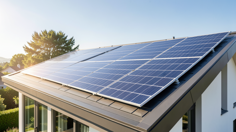 electricité solaire produite par des panneaux photovoltaïques sur le toit d'une habitation moderne