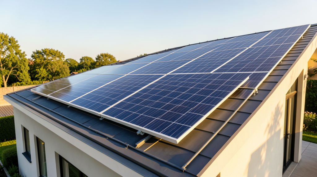 electricite solaire produite par des panneaux photovoltaïques sur le toit d'une maison moderne