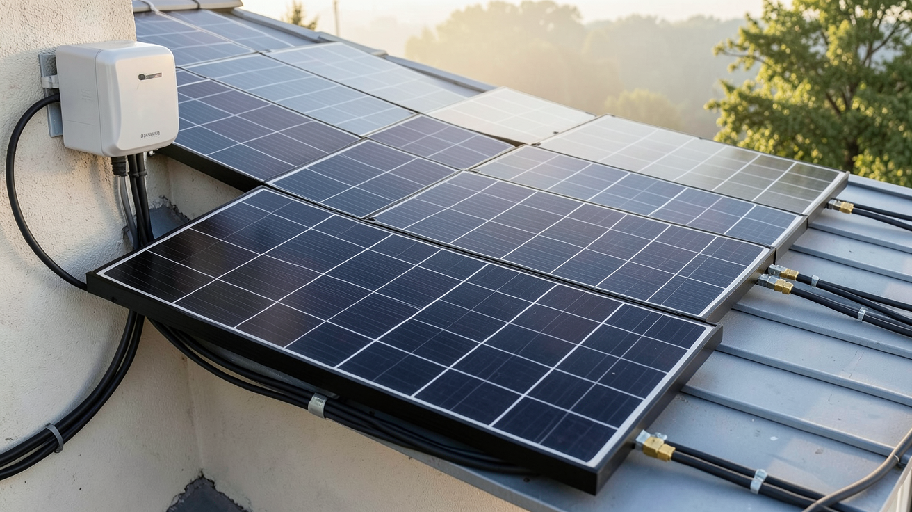 électricité solaire photovoltaïque : composants d'une installation solaire avec panneaux, onduleur et câbles