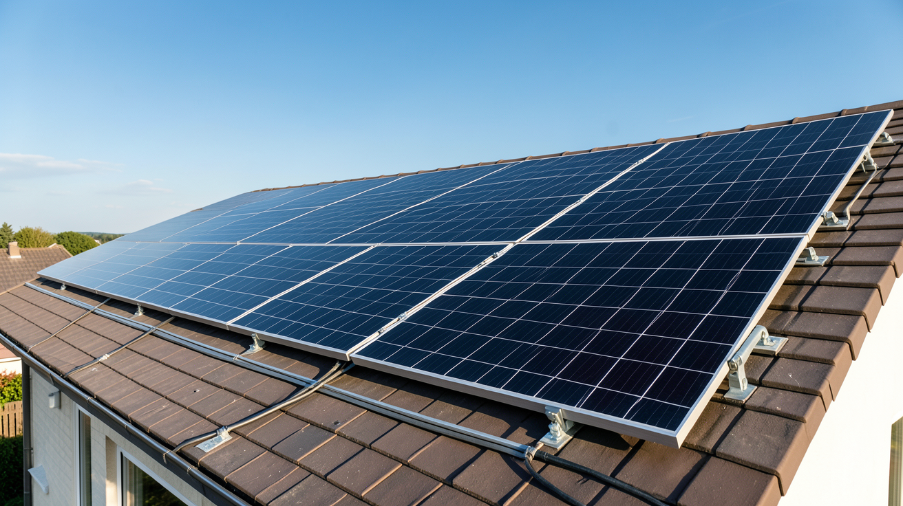 électricité solaire photovoltaïque installation sur le toit d'une maison avec panneaux solaires noirs