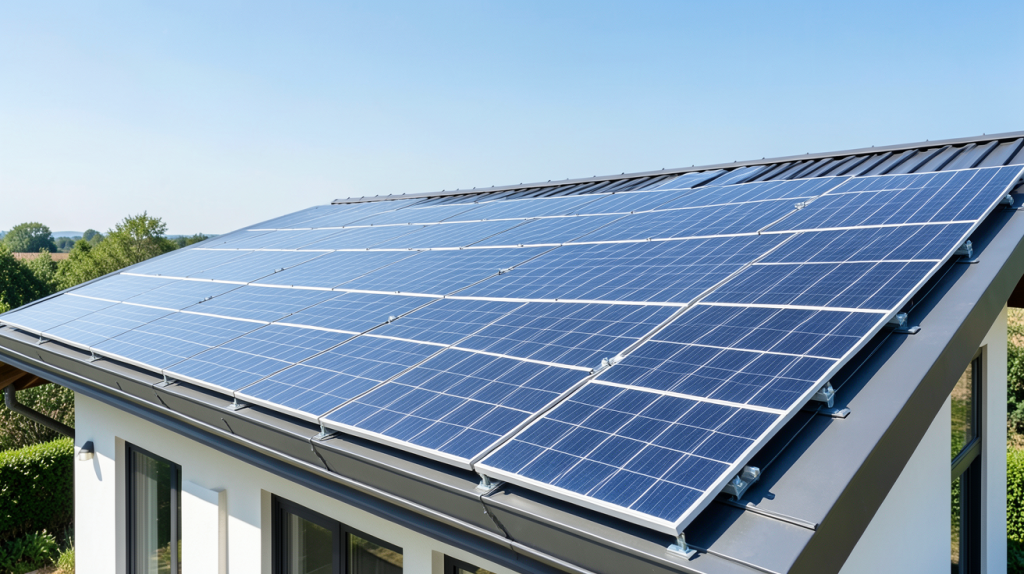 électricité solaire photovoltaïque avec des panneaux installés sur le toit d'une maison moderne