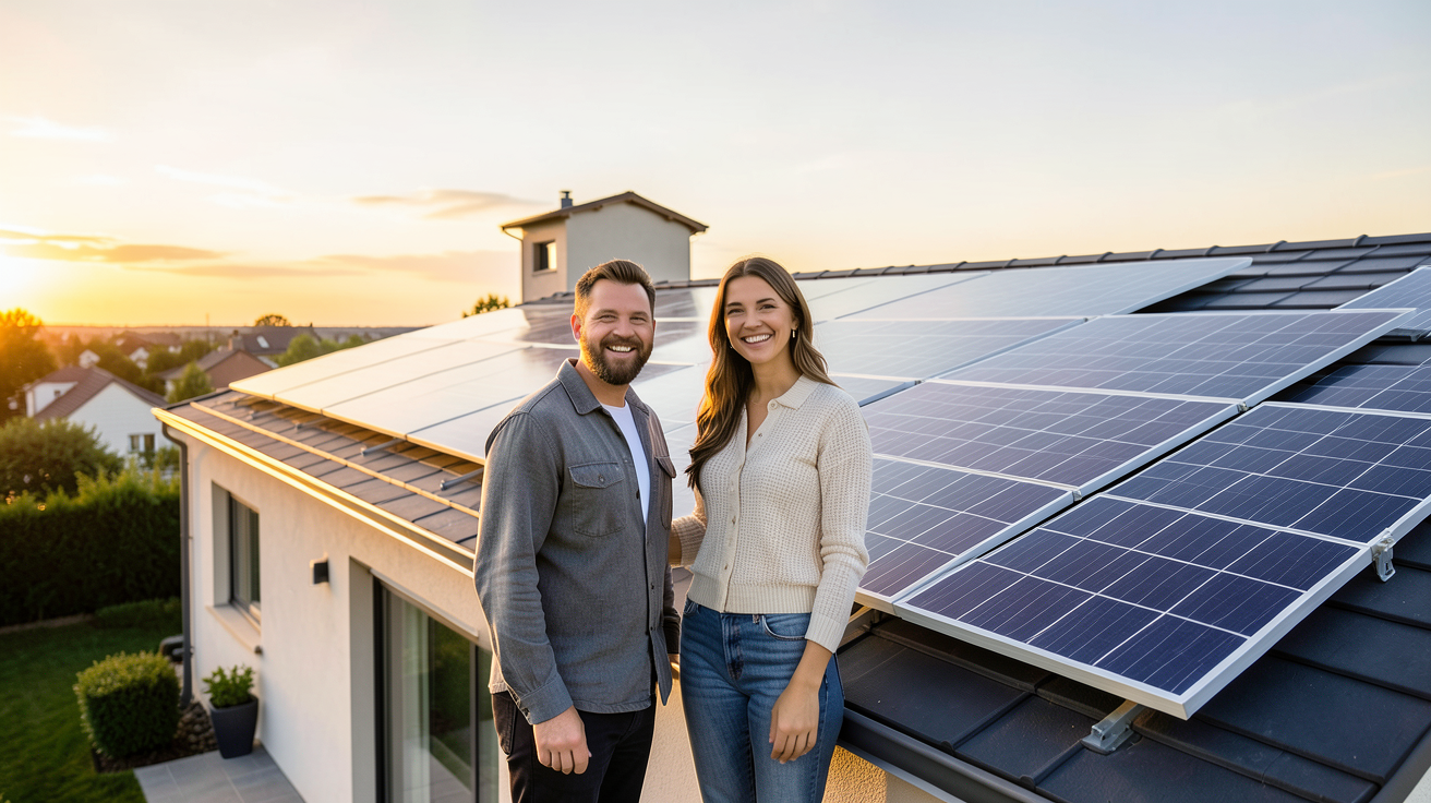 électricité solaire : témoignage client montrant une famille devant leur installation photovoltaïque après une rénovation énergétique avec Prime Énergie