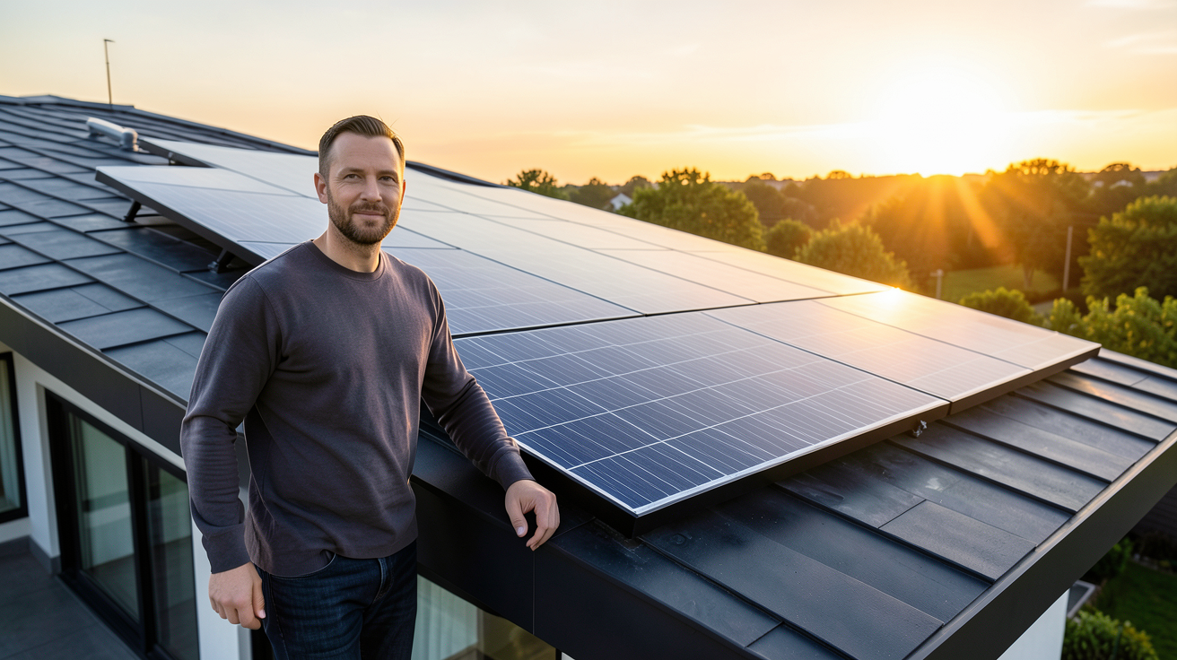 elon musk panneau solaire Tesla installé sur une maison moderne sous un ciel doré