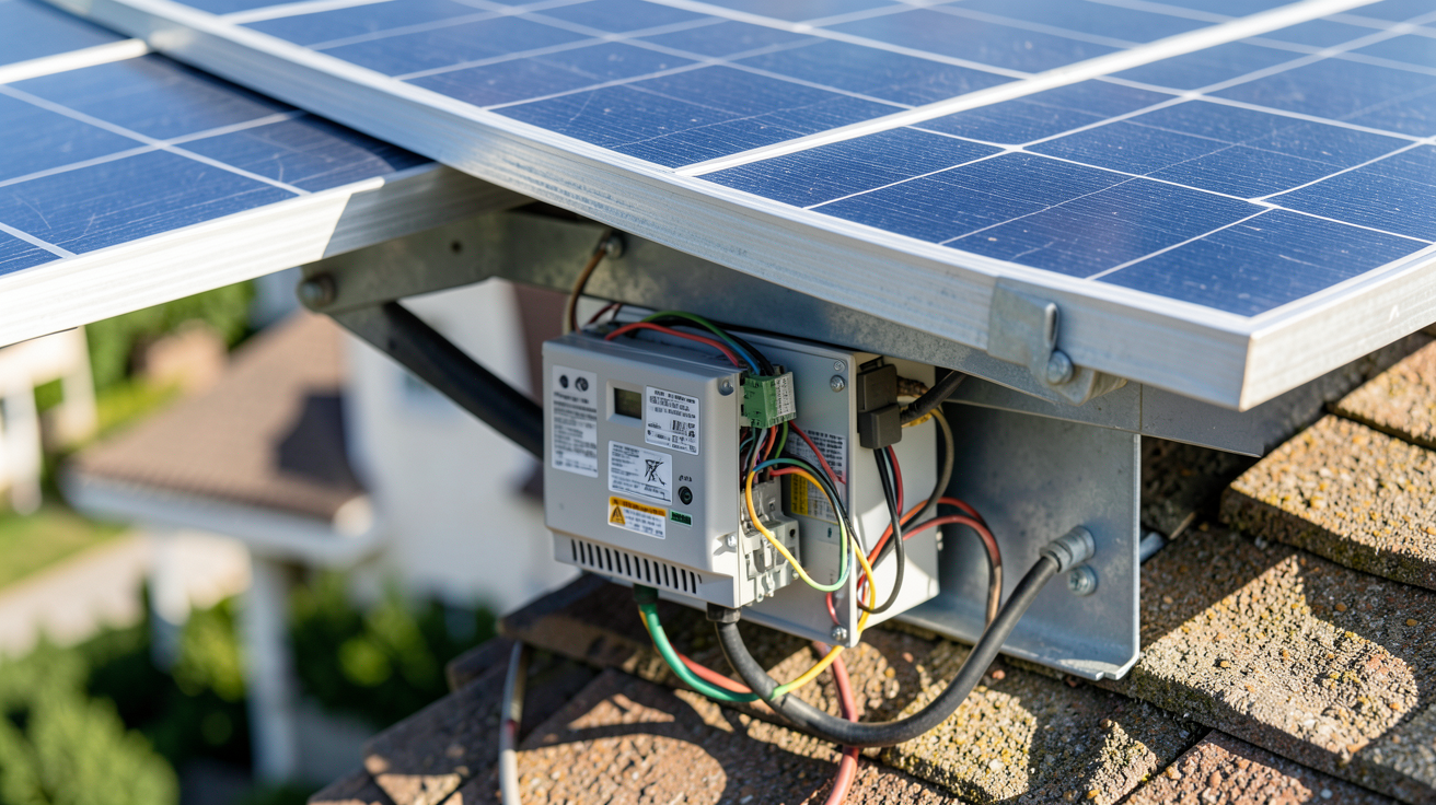 emphase solaire montrant un micro-onduleur installé sous un panneau solaire photovoltaïque
