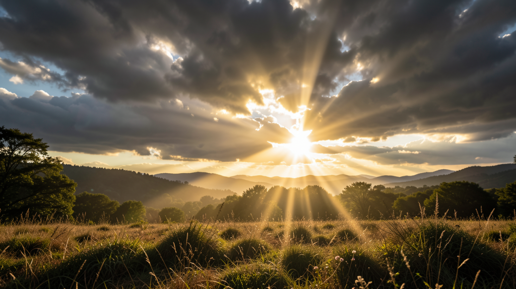 emphase solaire avec rayons du soleil perçant à travers des nuages pour illuminer un paysage naturel
