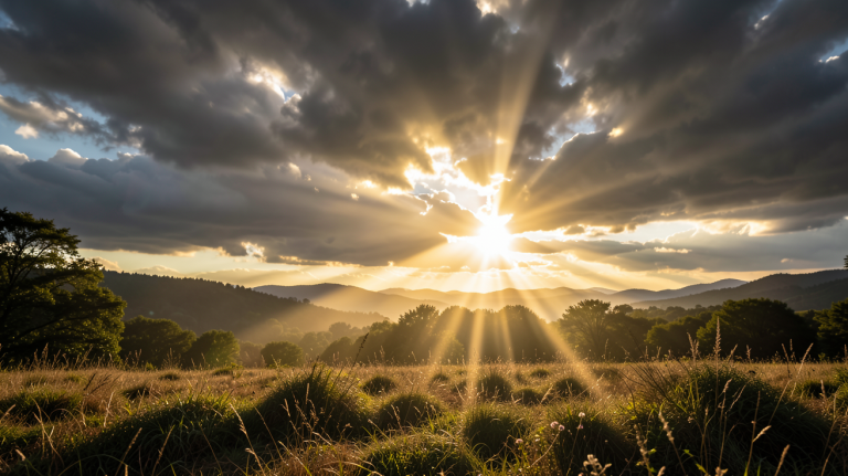 emphase solaire avec rayons du soleil perçant à travers des nuages pour illuminer un paysage naturel