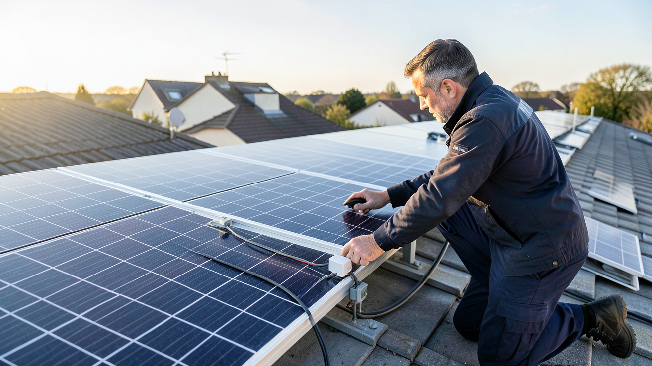 enedis autoconsommation : technicien vérifiant les branchements d'une installation photovoltaïque en autoconsommation