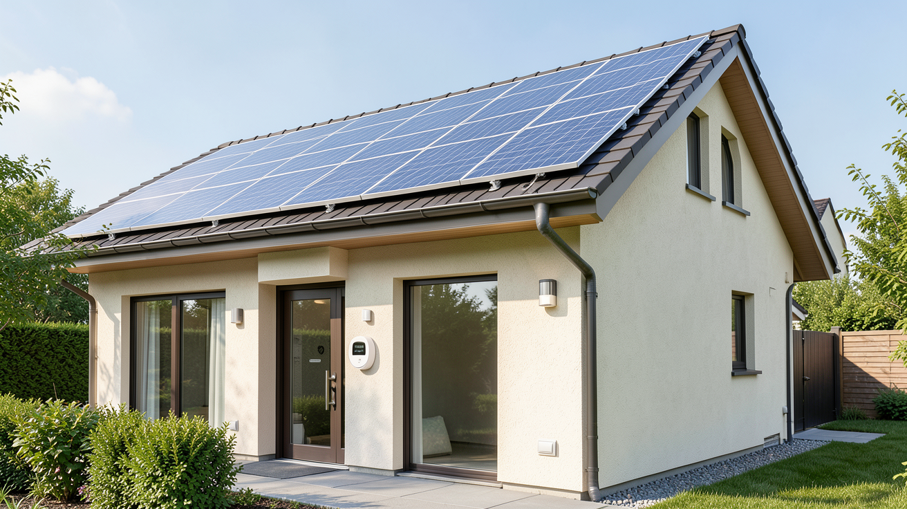 enedis panneau solaire installé sur le toit d'une maison contemporaine avec compteur Linky visible