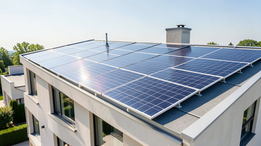 enedis panneaux photovoltaiques installés sur le toit d'une maison moderne sous le soleil