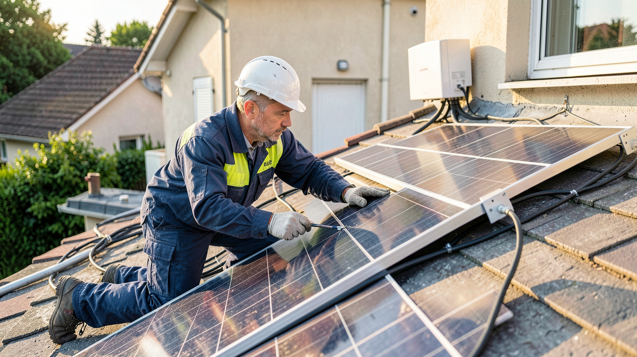 enedis photovoltaique autoconsommation : technicien Enedis vérifiant l'installation de panneaux solaires en autoconsommation sur un toit