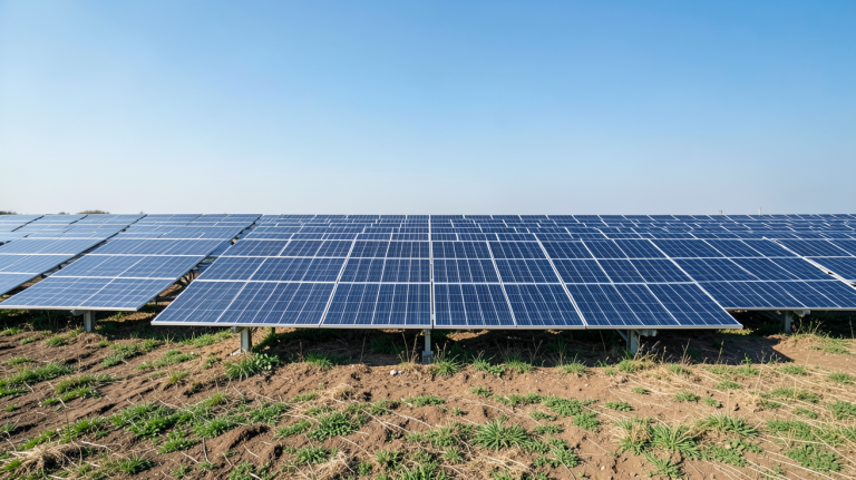 energie panneau photovoltaique illustration d'un champ de panneaux solaires captant la lumière du soleil sous un ciel dégagé