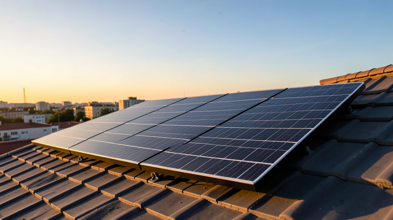 energie panneau photovoltaique : panneau solaire noir installé sur un toit, représentant la production d'énergie renouvelable