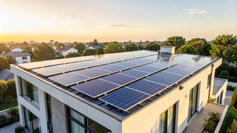 energie panneau solaire brillant sous le soleil sur le toit d'une maison contemporaine