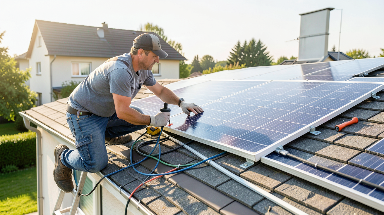 énergie panneau solaire photovoltaïque : étapes d’installation sur le toit d’une maison avec un professionnel en action