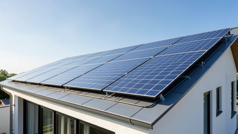 énergie panneau solaire photovoltaïque installé sur le toit d'une maison moderne avec un ciel bleu clair