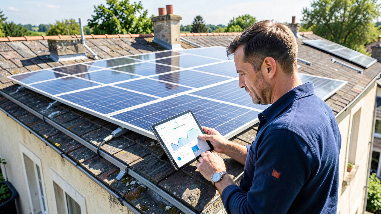 energie panneau solaire montrant un toit équipé de panneaux photovoltaïques sous le soleil, avec une personne consultant la rentabilité sur une tablette