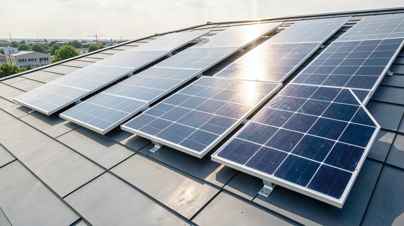 energie panneau solaire présentant les différentes technologies de panneaux solaires – monocristallin, polycristallin et à couches minces – sur un toit ensoleillé, photo ultra réaliste pour un choix éclairé en 2024