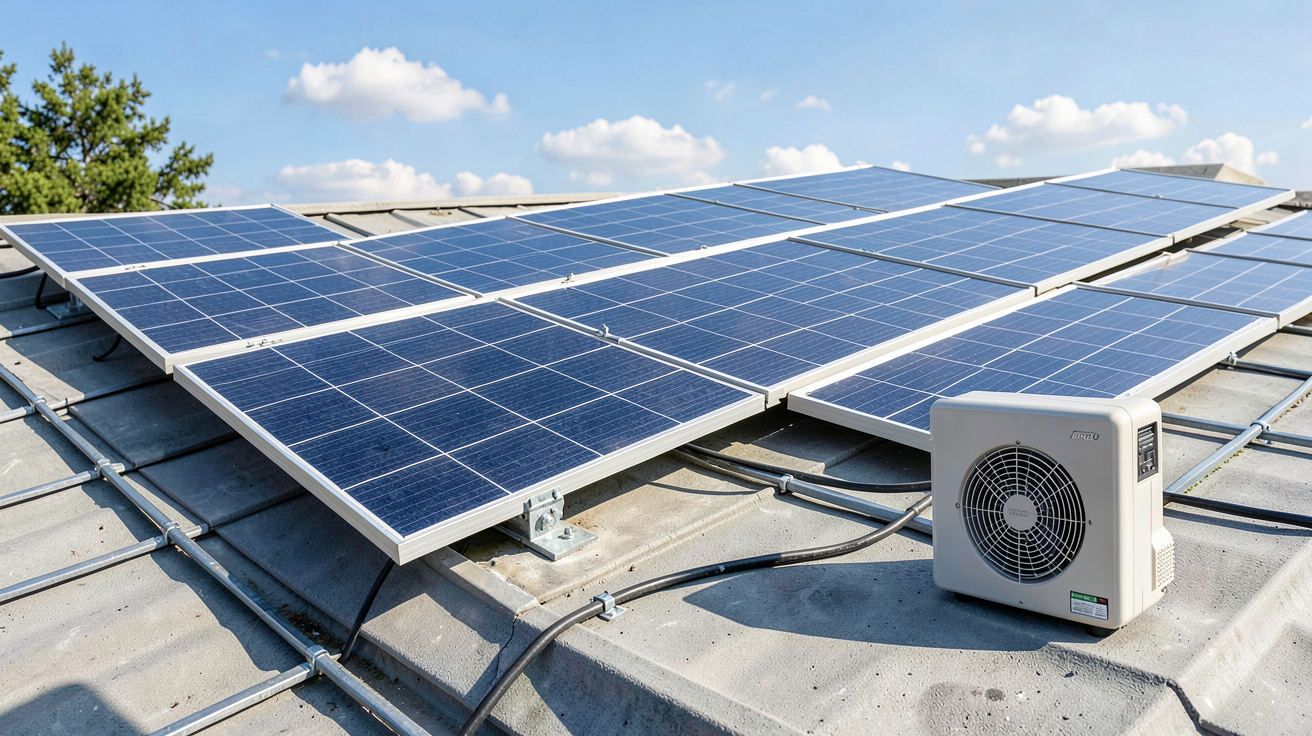 energie photovoltaique avec l'installation de panneaux solaires et des composants techniques sur un toit.