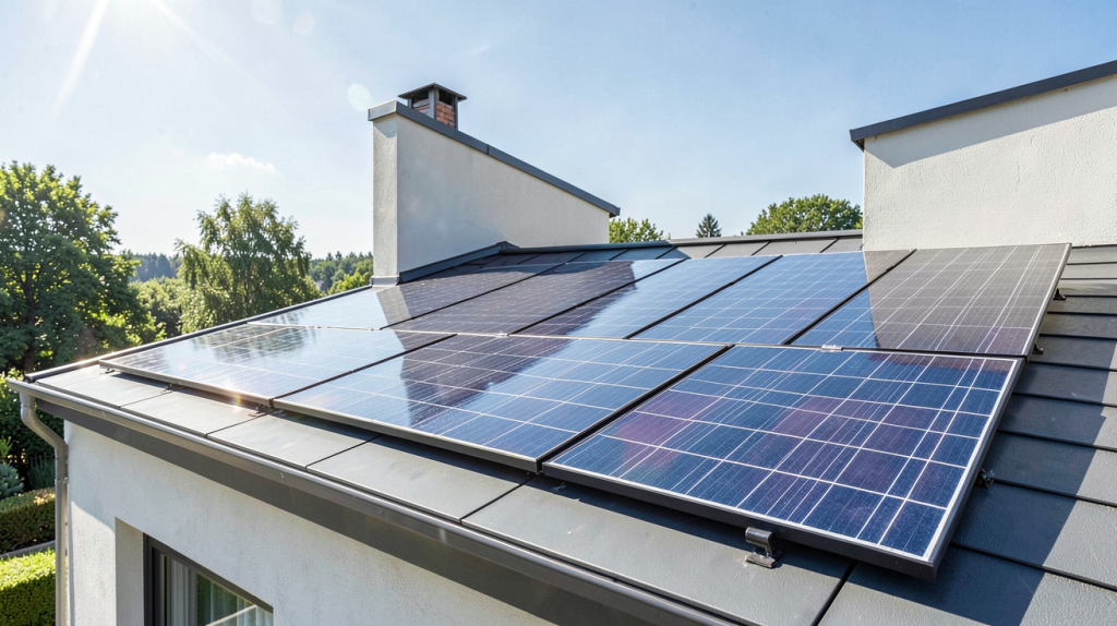 energie photovoltaique installée sur le toit d'une maison résidentielle moderne