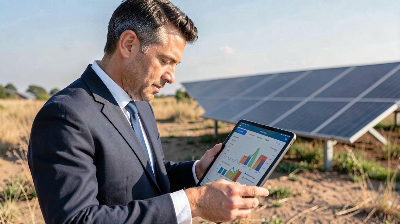 énergie produite par un panneau photovoltaïque : ingénieur analysant la production solaire sur une tablette avec un panneau en arrière-plan