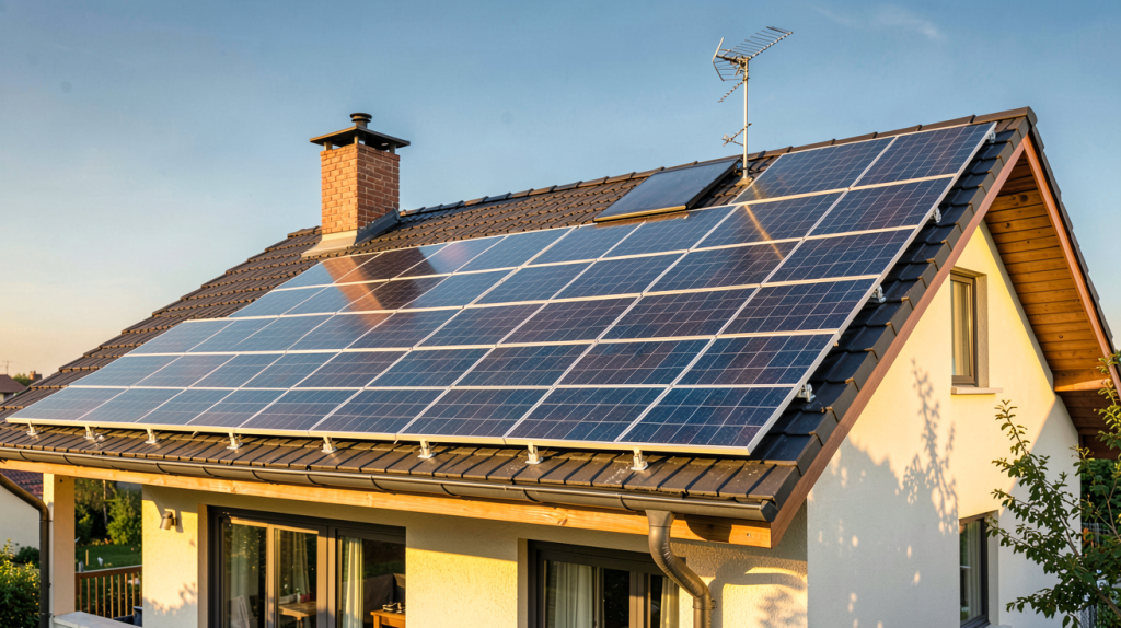 énergie produite par un panneau photovoltaïque installé sur le toit d'une maison ensoleillée