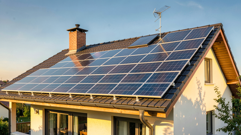 énergie produite par un panneau photovoltaïque installé sur le toit d'une maison ensoleillée