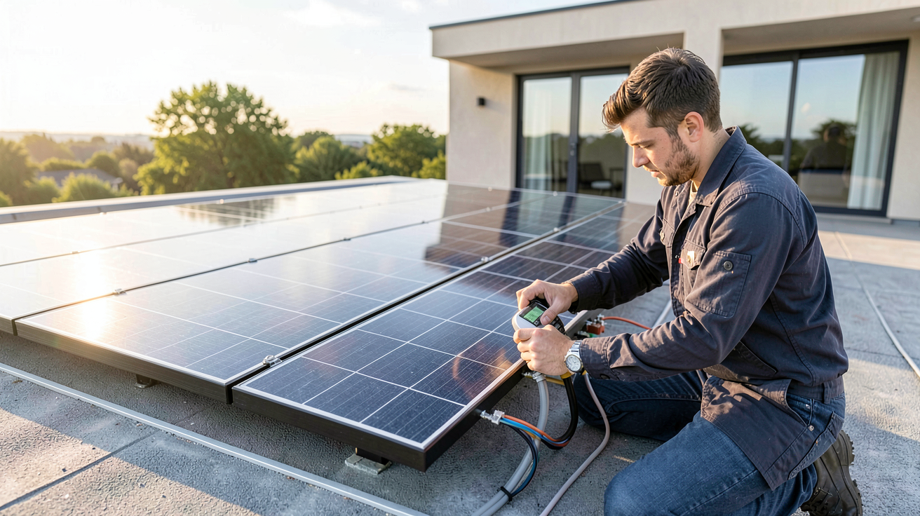 énergie produite par un panneau photovoltaïque avec optimisation de la production par un technicien ajustant un onduleur